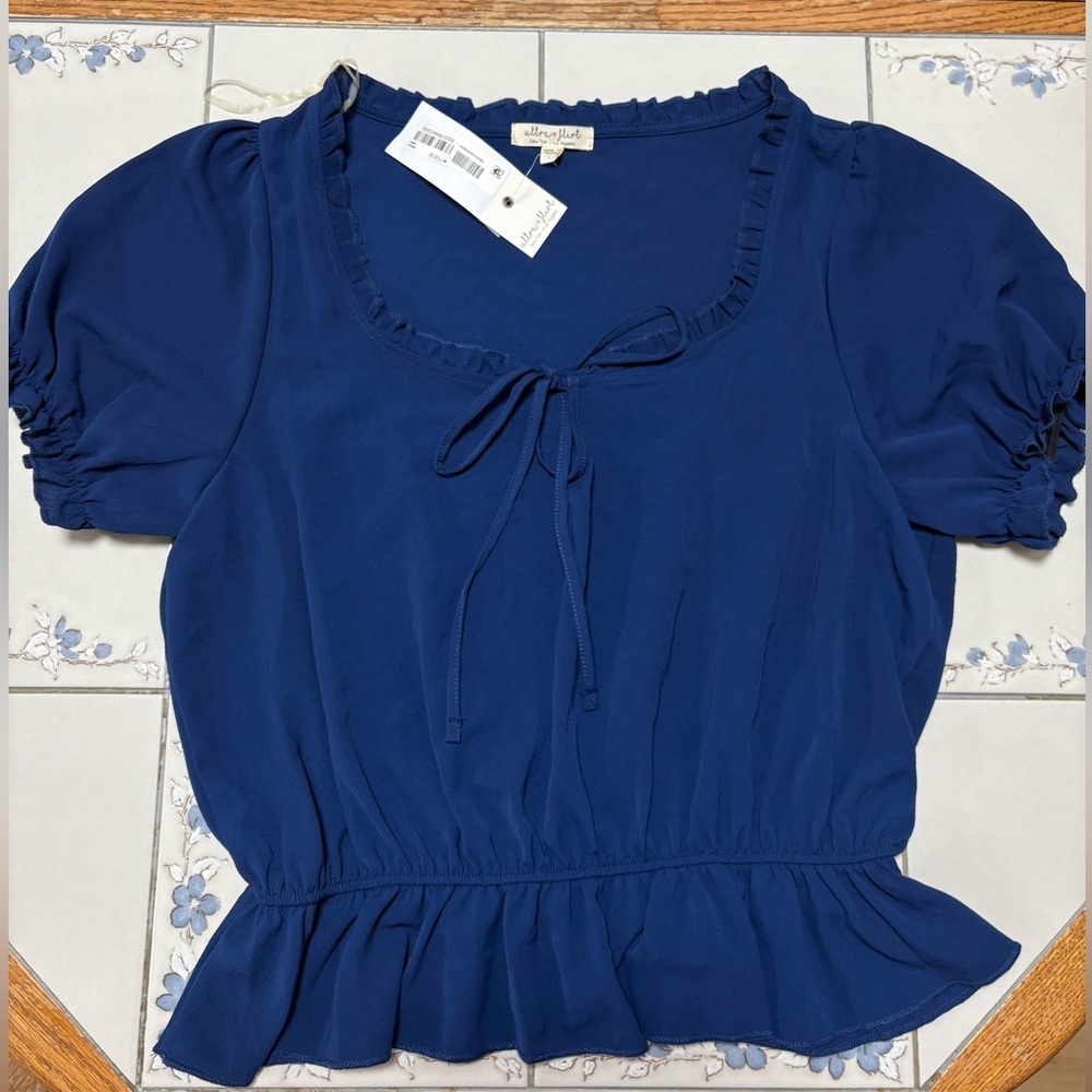 Ultra Flirt Navy Blouse with Ruffle Trim